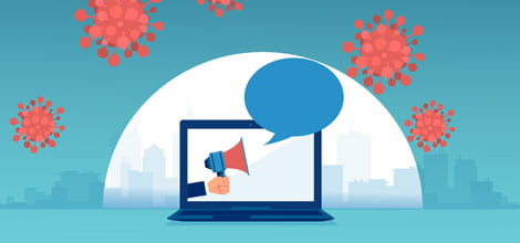 Megaphone shouting at COVID viruses from computer screen